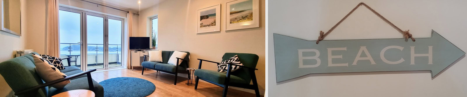 Living room and beach sign