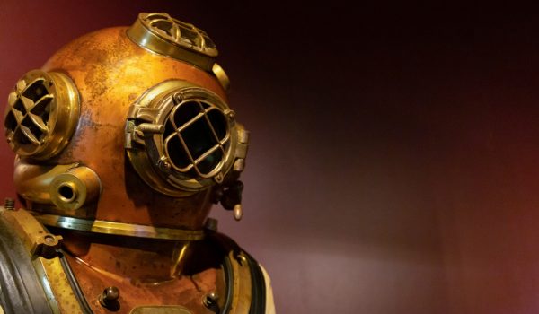 old fashioned brass and copper divers helmet