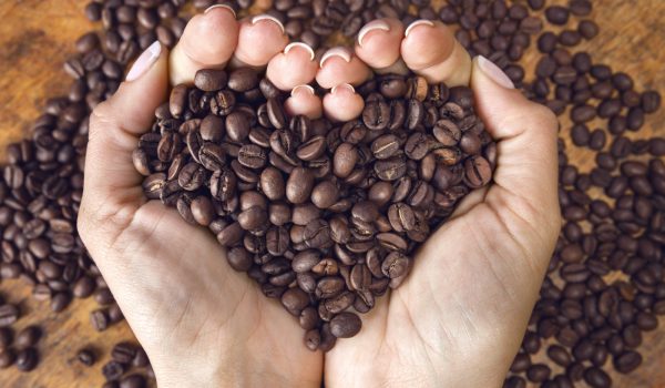 coffee beans in the shape of a heart between two hands