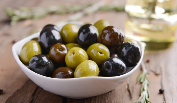 close-up of different marinated olives