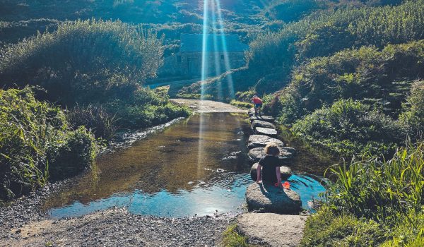 children jumping on stepping stones in stream