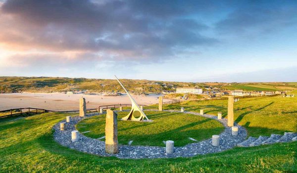 giant sundial overlooking the beach at Perranporth