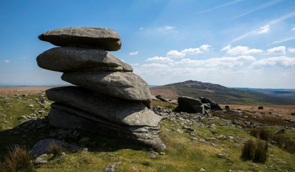 Roughtor, a granite tor with Brown willy in background