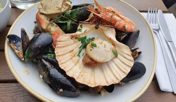 Plate of seafood at The Fish House in Fistral